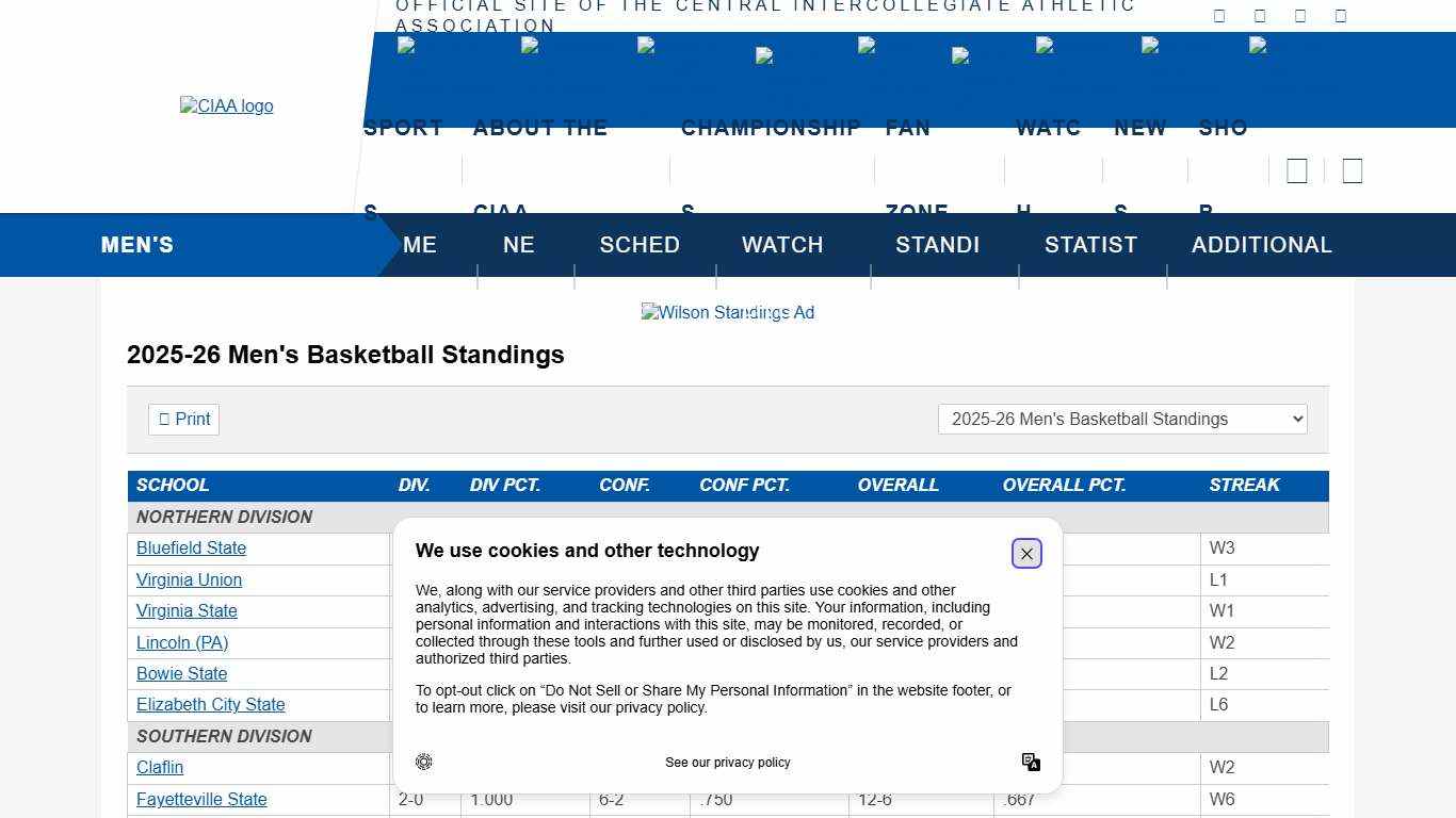 2025-26 Men's Basketball Standings - Central Intercollegiate Athletic Association